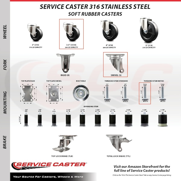 Service Caster 3.5 Inch 316SS Soft Rubber Swivel 10mm Threaded Stem Caster Brakes SCC, 2PK SCC-SS316TS20S3514-SRS-M1015-2-TLB-2 - main